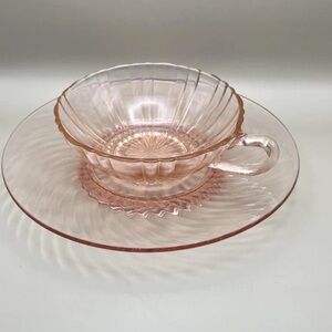 Pink Depression Glass Cup and Saucer Swirl Pattern Ribbed Tea Set Vintage